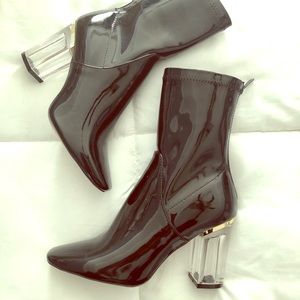 Black Patent Clear Block Heel Ankle Boots, Sz 7 US